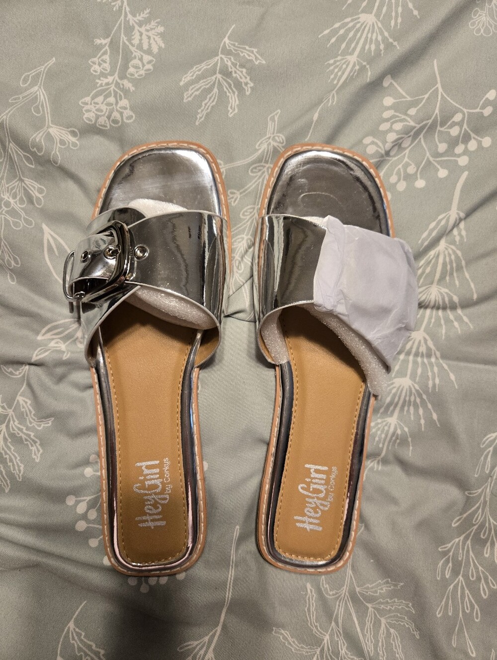 Hey Girl Metallic Silver Buckle Slide Sandals - Women's
